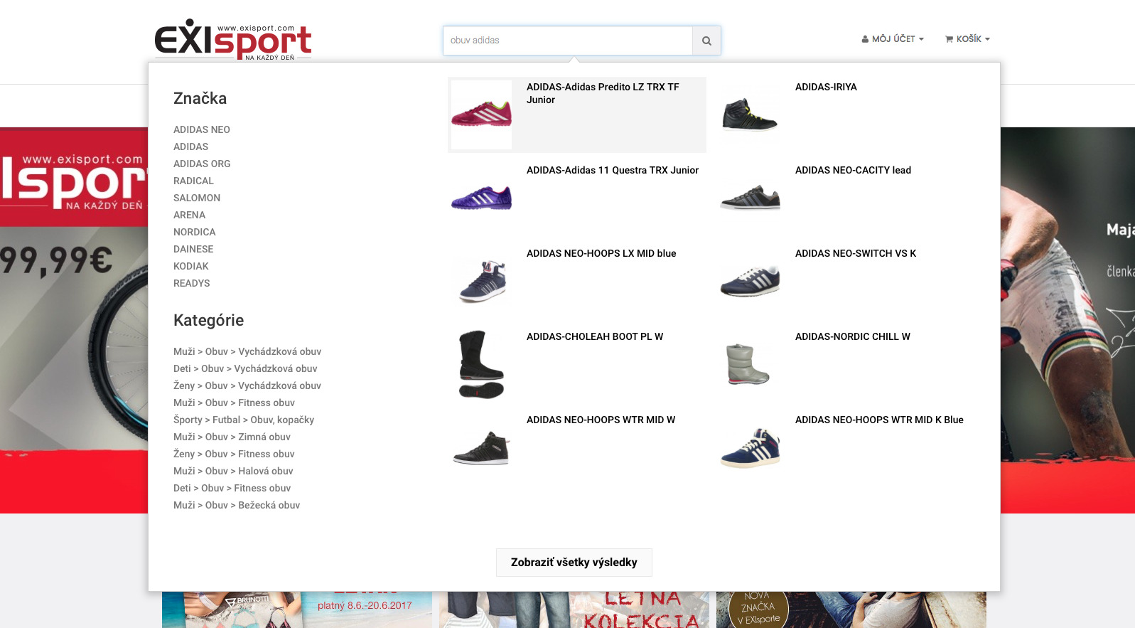 Snímka obrazovky elastického vyhľadávania slov.