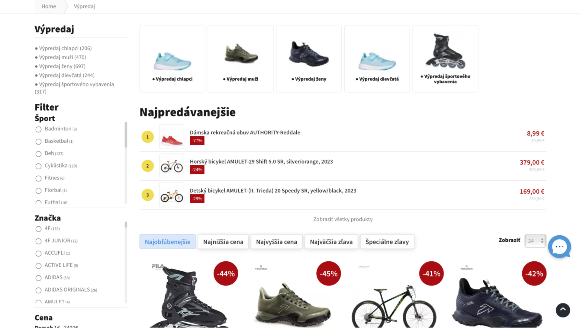 Snímka obrazovky Produktov s odznakmi ako zľava alebo výpredaj.