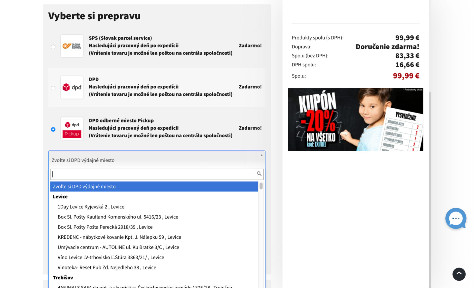 Snímka obrazovky dodania a prepravy na definovanie miesta odberu.