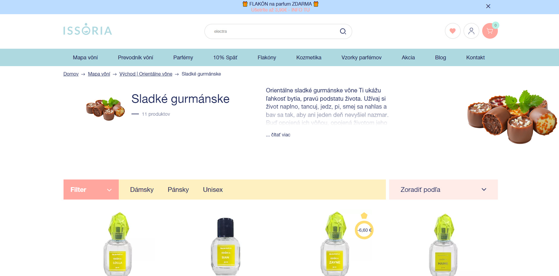 Snímka obrazovky Fragrance Map ISSORIA podľa rôznych druhov, detailnejšie pre sladké gurmánske vône.