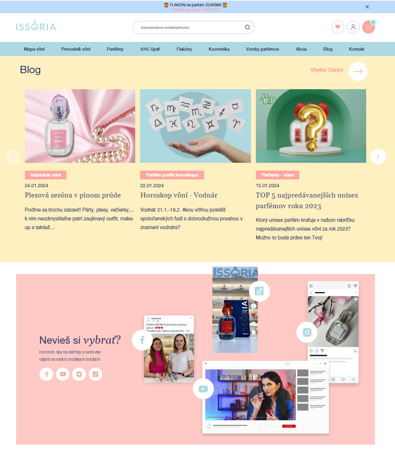 Snímka obrazovky nasadenia špeciálnych modulov ISSORIA, blogových príspevkov a sociálnych médií.