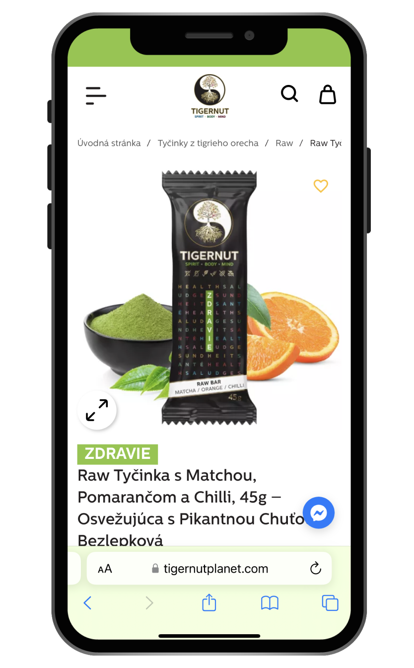 Fotografia dizajnu webovej stránky na mobilnom telefóne Tigernut.